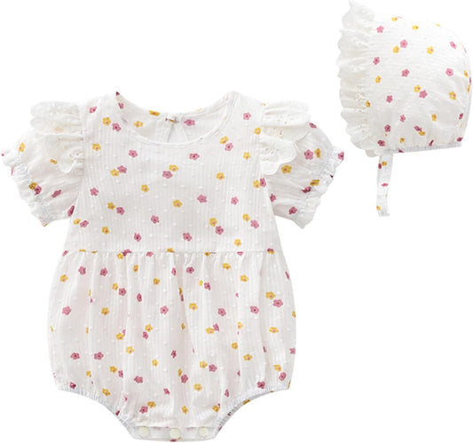 Newborn Baby Girl Summer Clothes Vintage Floral Romper round Neck Short Sleeve Bodysuit Jumpsuit+Hat