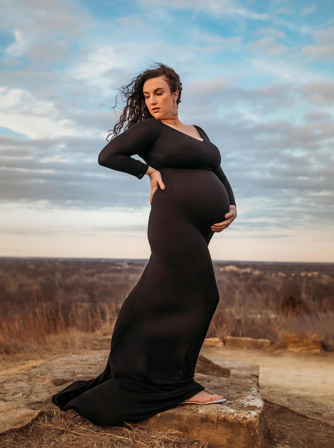 Maternity Fitted Gown V Neck Ruched Long Sleeve Maxi Photography Dress