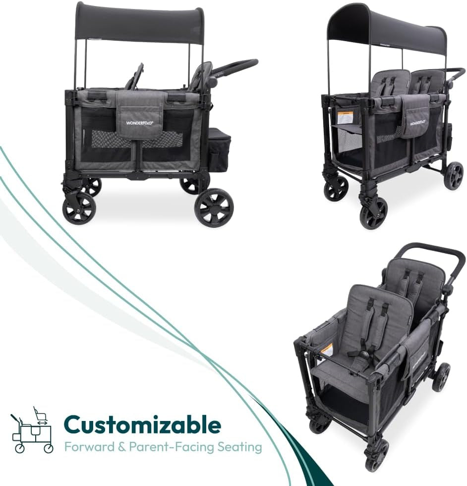 W2 Elite Pro Stroller Wagon (2 Seater) - Collapsible Wagon Stroller with Seats with 5-Point Harnesses, Adjustable Push Handle, and Adjustable Sun Canopy, Charcoal Gray