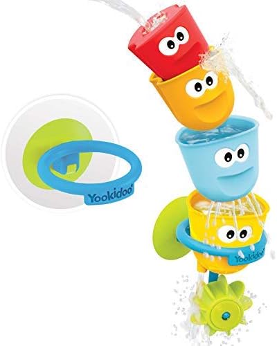 Baby Bath Toys - Fill 'N' Spill Set of Four Stackable Cups with Suction Cup Ring Holder and Water Wheel- Sensory Toy for Bath Time - Attaches to Any Bath Tub