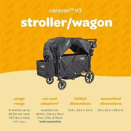 Caravan V3, Byron Black - Stroller/Wagon for Kids & Babies - Seats 2 Passengers or 200 Lbs. Total Weight Capacity. - Reclining Seats, Full-Coverage Sun Canopies, Height-Adjustable Handlebar