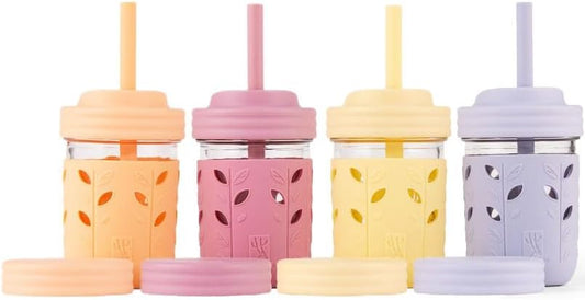 Kids & Toddler Cups | the Original Glass Mason Jars 8 Oz with Silicone Sleeves & Silicone Straws with Stoppers | Smoothie Cups | Spill Proof Sippy Cups for Toddlers