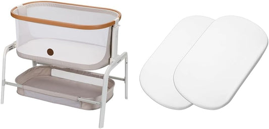 Iora Bedside Bassinet, Horizon Sand & Iora Bedsheets 2Pk – White
