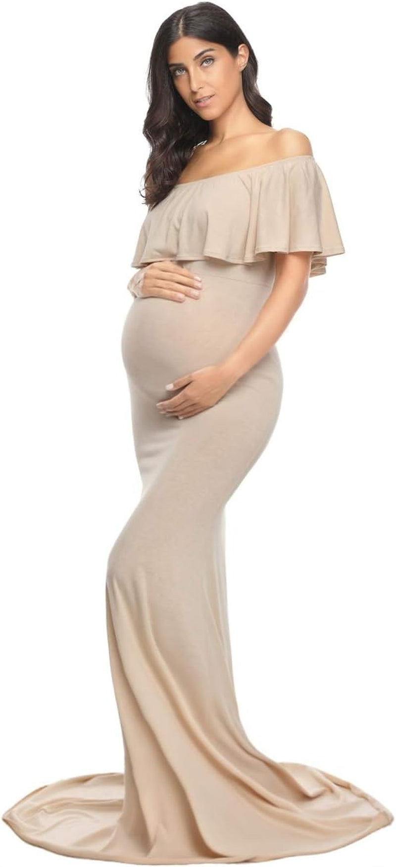 Womens off Shoulder Maternity Dress Ruffles Elegant Slim Gowns Fit Maxi Photography Dress