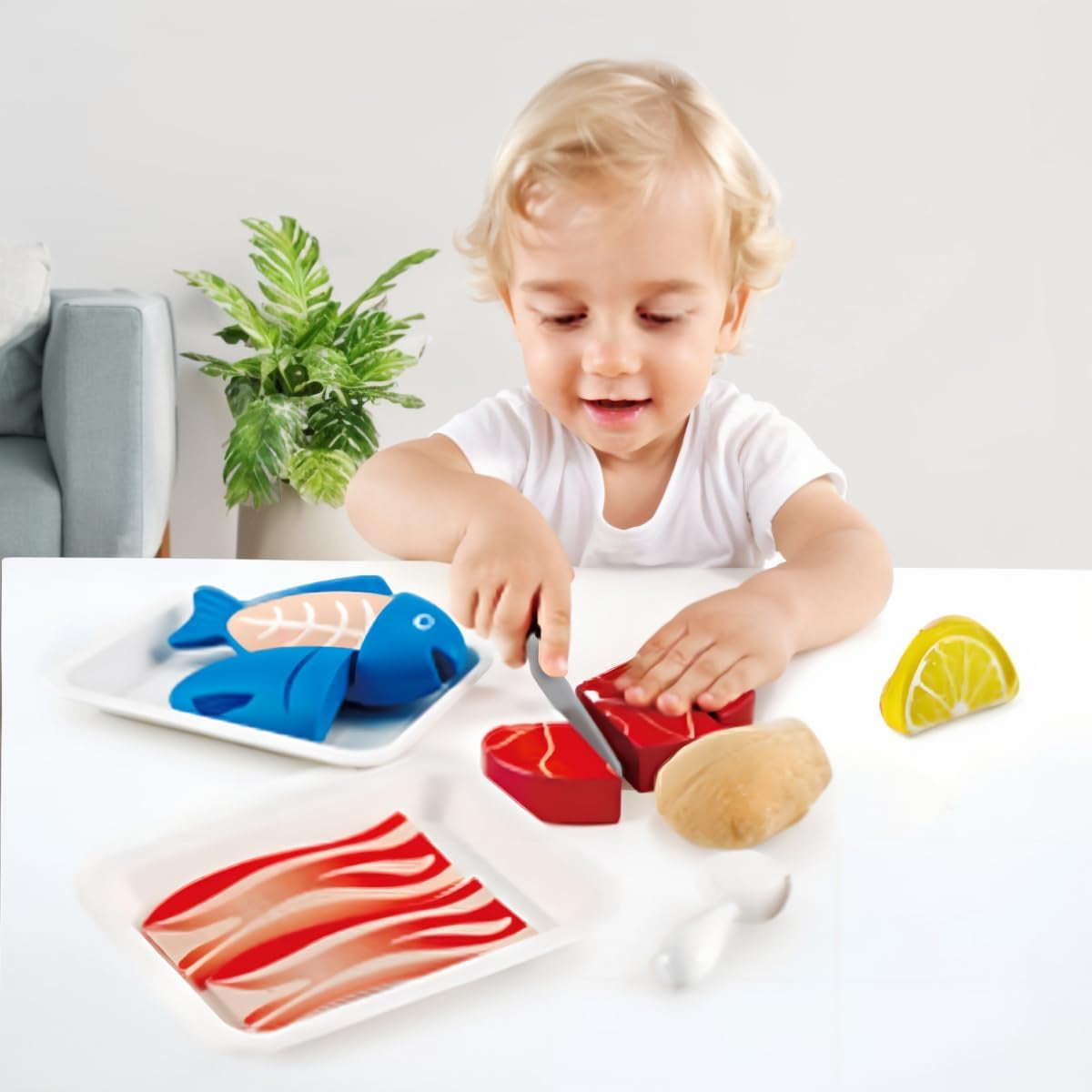 Tasty Proteins Set | Wooden Pretend Play Food Set for Kids, Basic Play Velcro Cooking Ingredients and Accessories Set, Multicolor