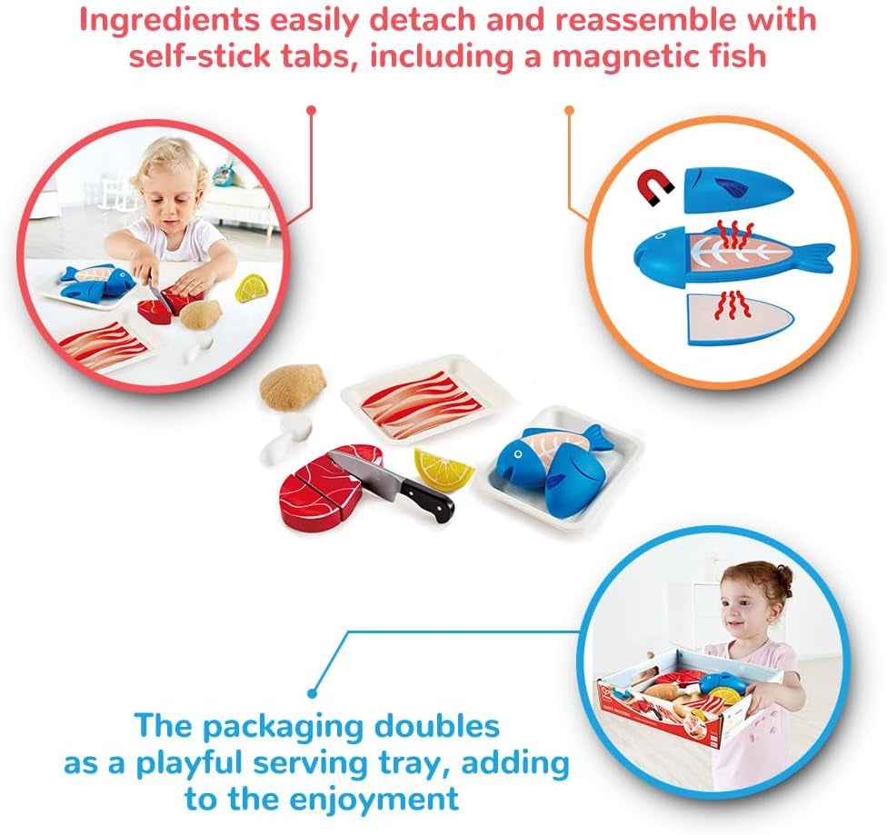 Tasty Proteins Set | Wooden Pretend Play Food Set for Kids, Basic Play Velcro Cooking Ingredients and Accessories Set, Multicolor