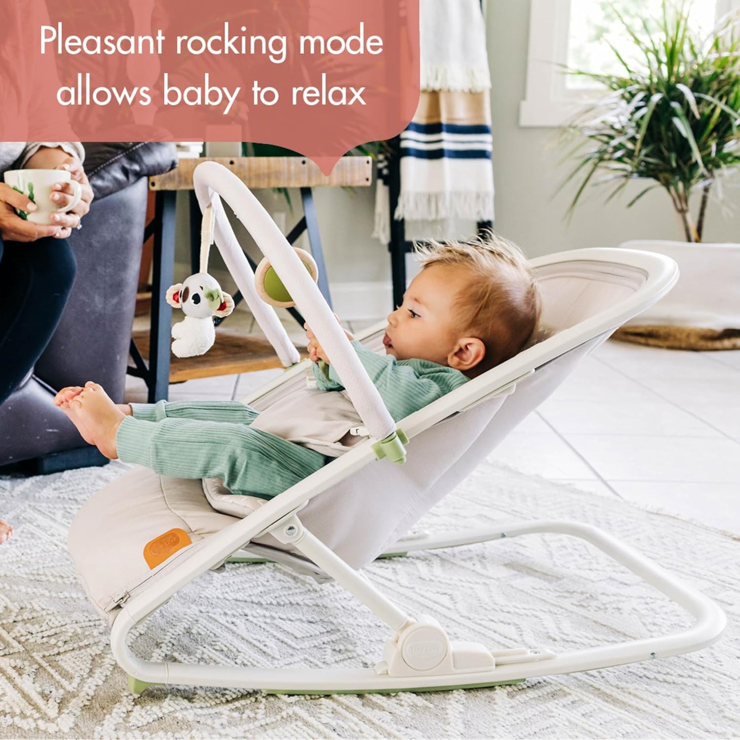 Boho Chic 2-In-1 Rocker with Removeable Toy Bar, Rocking or Stationary Modes and Folds Flat for Storage, Beige