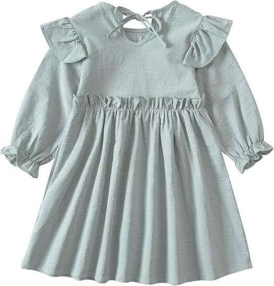 Toddler Girl Cotton Linen Dress Long Sleeve Ruffle Fall Dress Kids Solid Dresses Casual Clothes