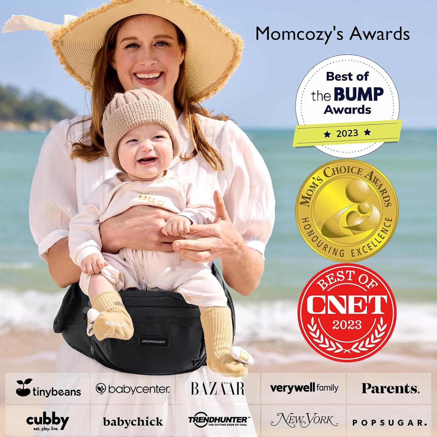 Cpc-Certified Baby Hip Carrier - Adjustable Waistband with Original 3D Belly Protector & Ergonomic EVA Massage Board, Various Pockets for Newborns to Toddlers up to 45Lbs (Black, Medium)
