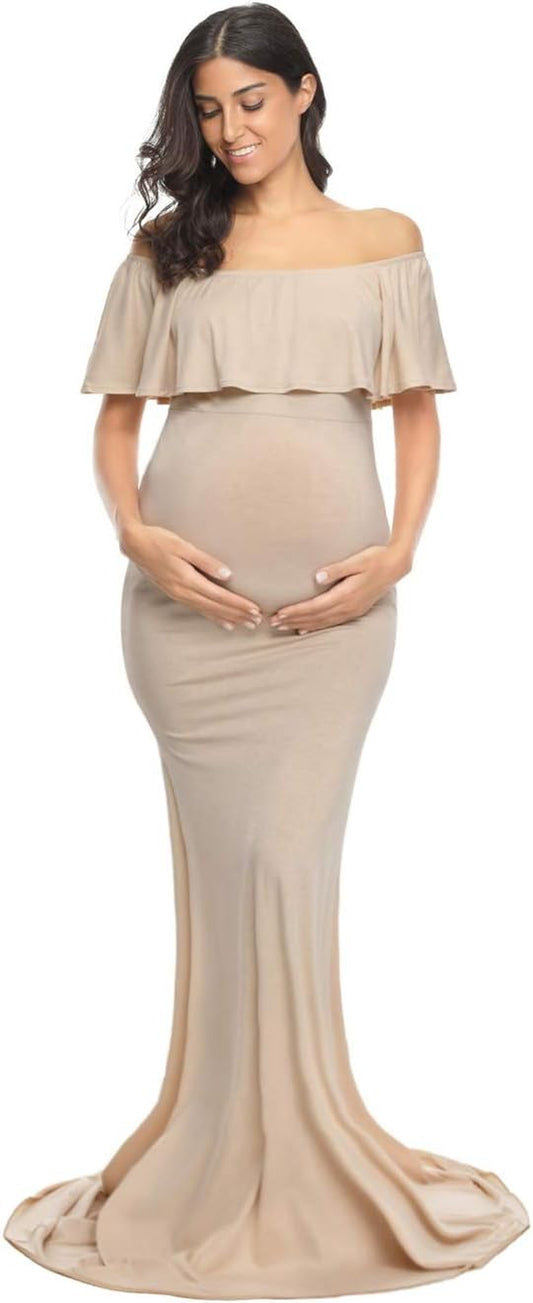 Womens off Shoulder Maternity Dress Ruffles Elegant Slim Gowns Fit Maxi Photography Dress
