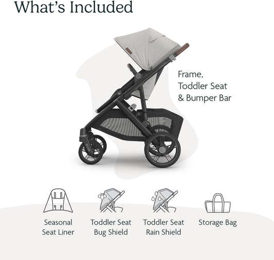 Vista V3 Stroller - Full-Size Single-To-Double Stroller System - Toddler Seat, Bug Shield, Rain Shield, and Storage Bag Included - Savannah (Pearl Gray Jacquard/Carbon Frame/Chestnut Leather)