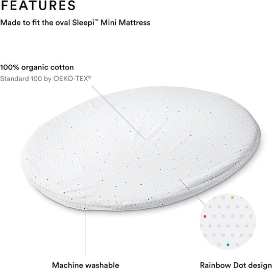 Sleepi Mini Fitted Sheet by Pehr, Rainbow Dot - Soft, 100% Organic Fitted Sheets - Made for Oval Sleepi Mini Mattress - Safe Sleeping - Available in Playful Patterns