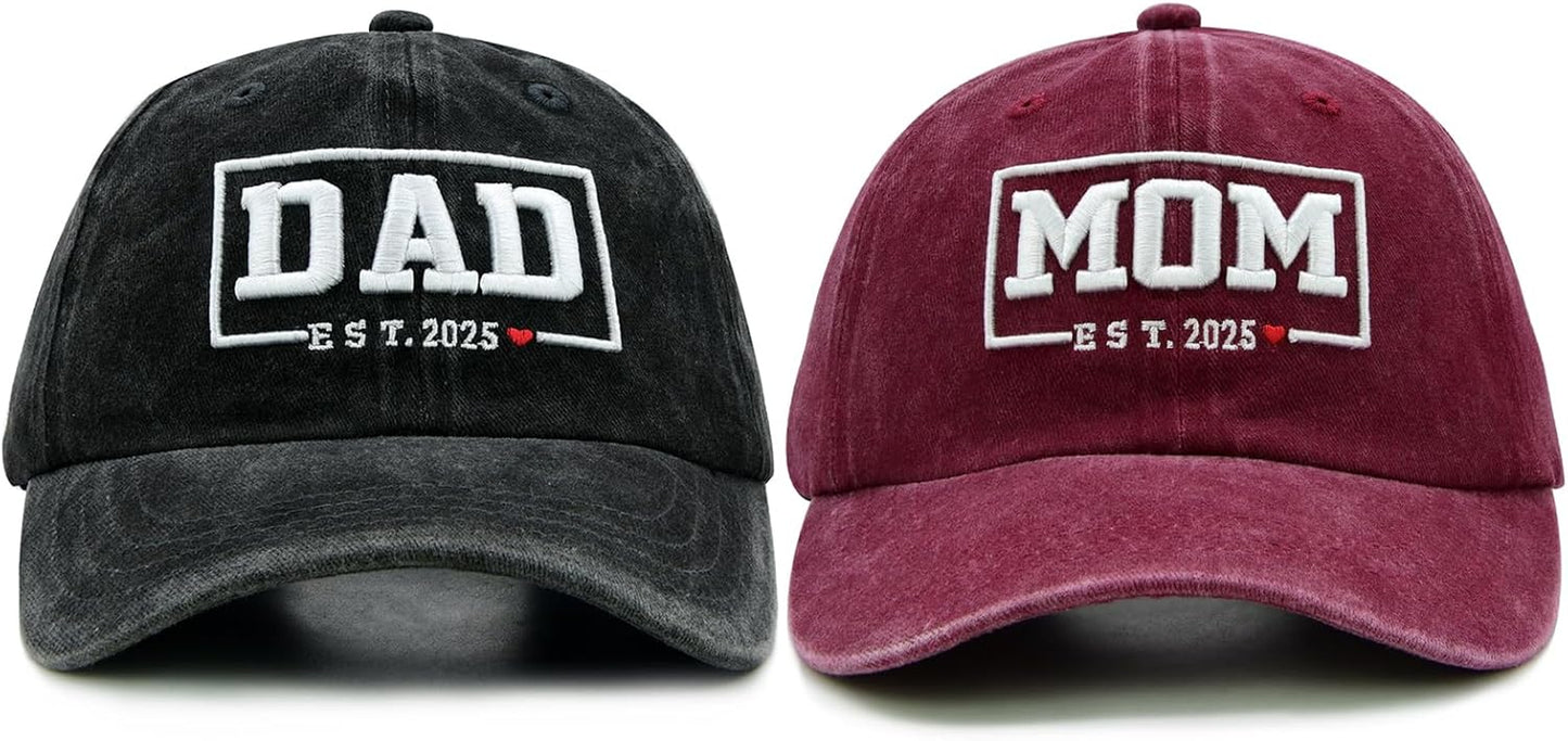 Funny Mom and Dad Est 2025 Hats, Gifts for New Parents, New Mom and Dad Hats, 3D Embroidered Adjustable Baseball Cap