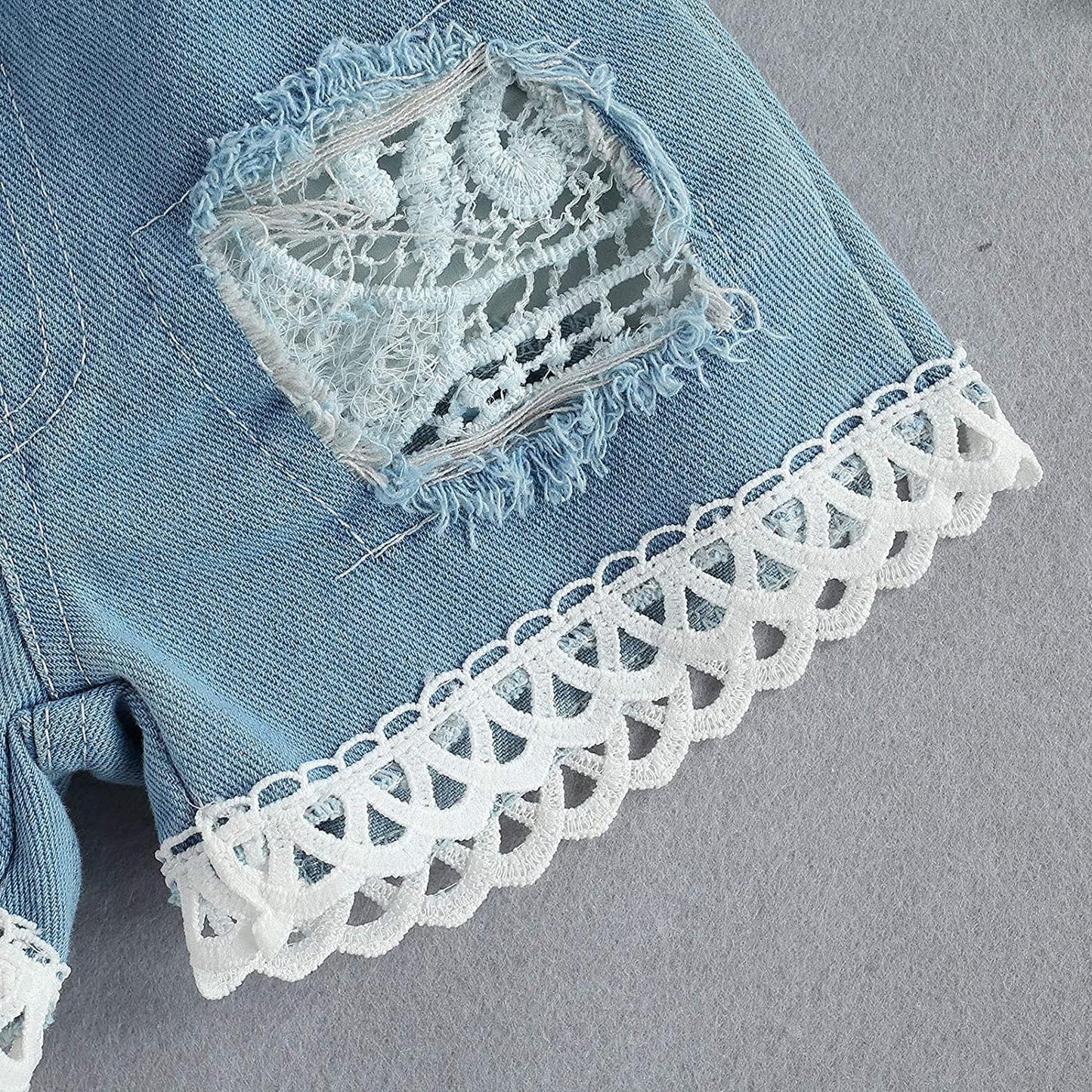 Toddler Infant Baby Girl Clothes Embroidered Lace Romper Ripped Jeans Denim Pants Outfit Set