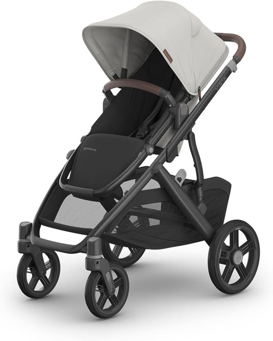 Vista V3 Stroller - Full-Size Single-To-Double Stroller System - Toddler Seat, Bug Shield, Rain Shield, and Storage Bag Included - Savannah (Pearl Gray Jacquard/Carbon Frame/Chestnut Leather)