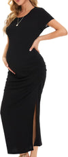 Women'S Long Maternity Dress Short Sleeve Split Ruched Pregnancy Clothes
