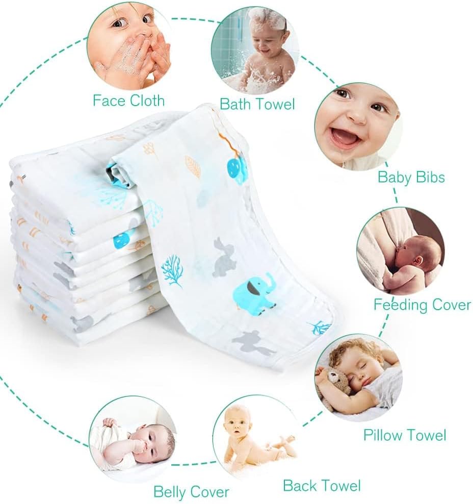 Muslin Burp Cloths for Baby 10 Pack 100% Cotton Baby Washcloths for Boys Girls Large 20''X10'' Super Soft and Absorbent Elephant