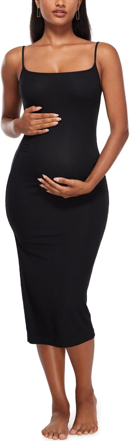 Women' S Maternity Dress Ribbed Spaghetti Strap Bodycon Dresses Square Neck Maternity Clothes for Baby Shower