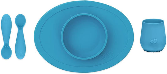 First Foods Set for Babies – Suctioning Bowl, Cup, & Spoons for Self-Feeding & Fine Motor Skills Development – 100% Food Grade Silicone, Dishwasher Safe – Perfect for 4 Months plus (Blue)