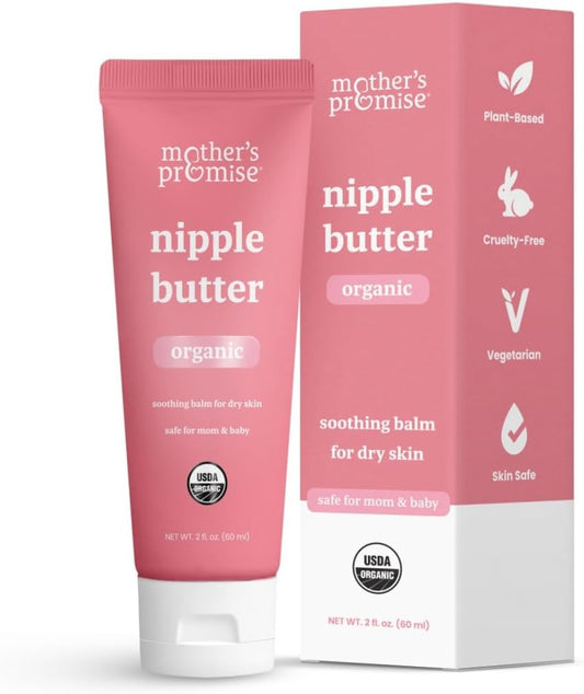 Organic Nipple Cream for Breastfeeding Mothers | Lanolin-Free Nipple Butter, Safe for Nursing Moms & Babies | No Need to Wash Balm for Dry Skin & Breastfeeding Essentials, Made in Canada, 2Oz.