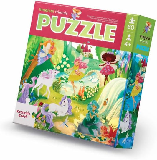 60-Piece Holographic Foil Floor Puzzle for Kids Ages 4-8 and up - Heavy-Duty Box for Storage - Magical Friends - 14” X 19” Finished