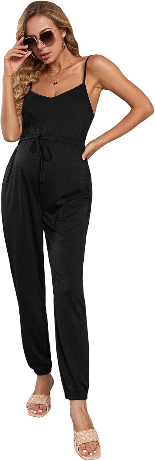 Women'S Maternity V Neck Adjustable Spaghetti Straps Sleeveless Knot Wide Leg Long Pants Casual Jumpsuit