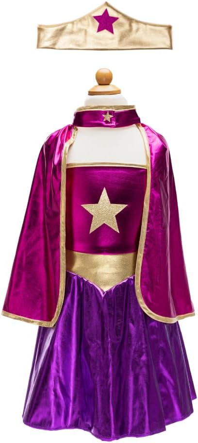 Superhero Star Dress, Cape & Headpiece, Magenta/Purple, Size 5-6