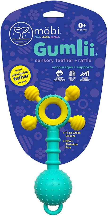 Mobi Gumlii Sensory Teether Toy - Rattle Baby Teething Toy, Food Grade Silicone Newborn Baby Sensory Teether, BPA and Phthalate Free - for 0-6 Months Newborns