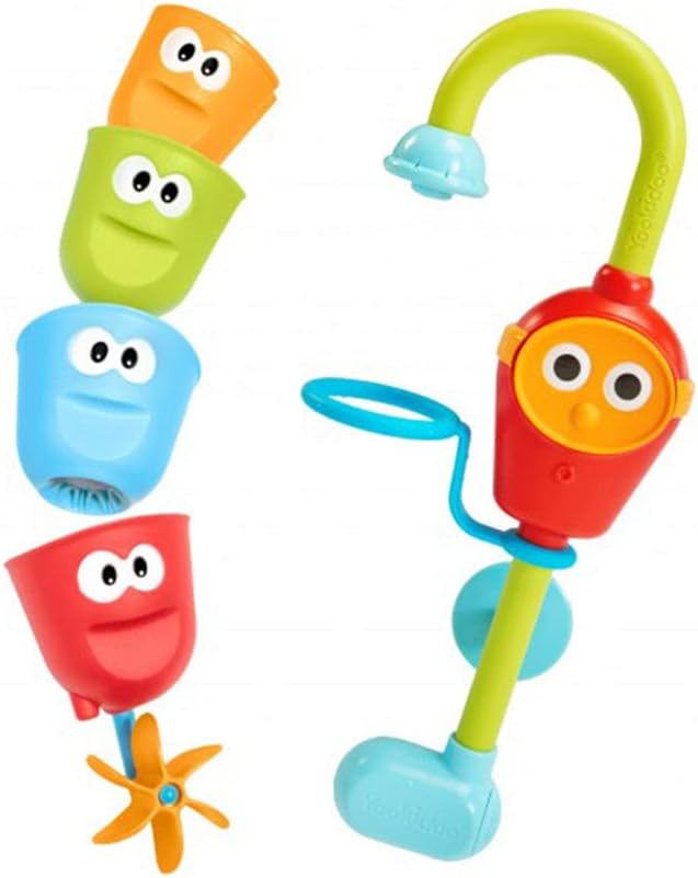 Toddler Bath Toy - Flow N Fill Spout - Three Stackable Play Cups and Water Spray Spout for Kids Bathtime Fun