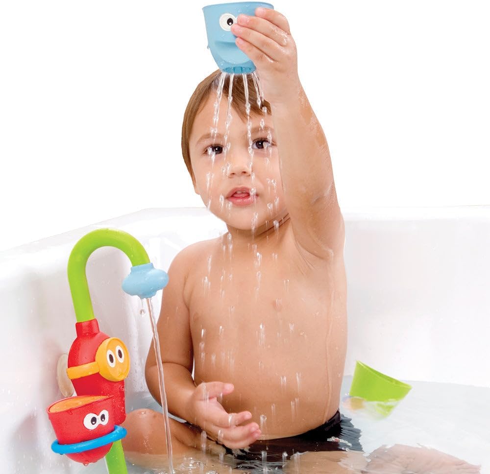 Toddler Bath Toy - Flow N Fill Spout - Three Stackable Play Cups and Water Spray Spout for Kids Bathtime Fun