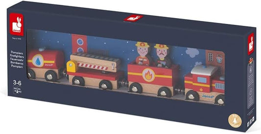 - Story - Firefighter Train - Magnetic Engine and Wagons - 6 Pieces - Wood - Creative Imaginative Toy - Construction Game - for Toddlers - from 3 Years + - Multilingual - J08590.