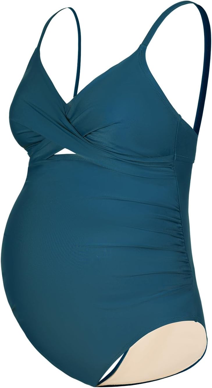 Women'S One Piece Swimsuit Maternity Wrapped Front Ruched Pregnancy Bathing Suit Back Hook Cutout