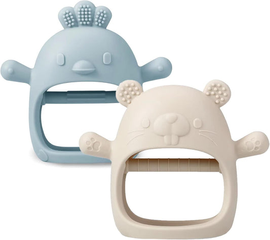 2 Pack Silicone Baby Teething Toys| Baby Hand Teether Mitten for Sucking Needs| Baby Chew Toys Hand Pacifier for Soothing Teething Pain Relief (White/Blue)