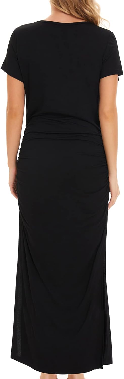 Women'S Long Maternity Dress Short Sleeve Split Ruched Pregnancy Clothes