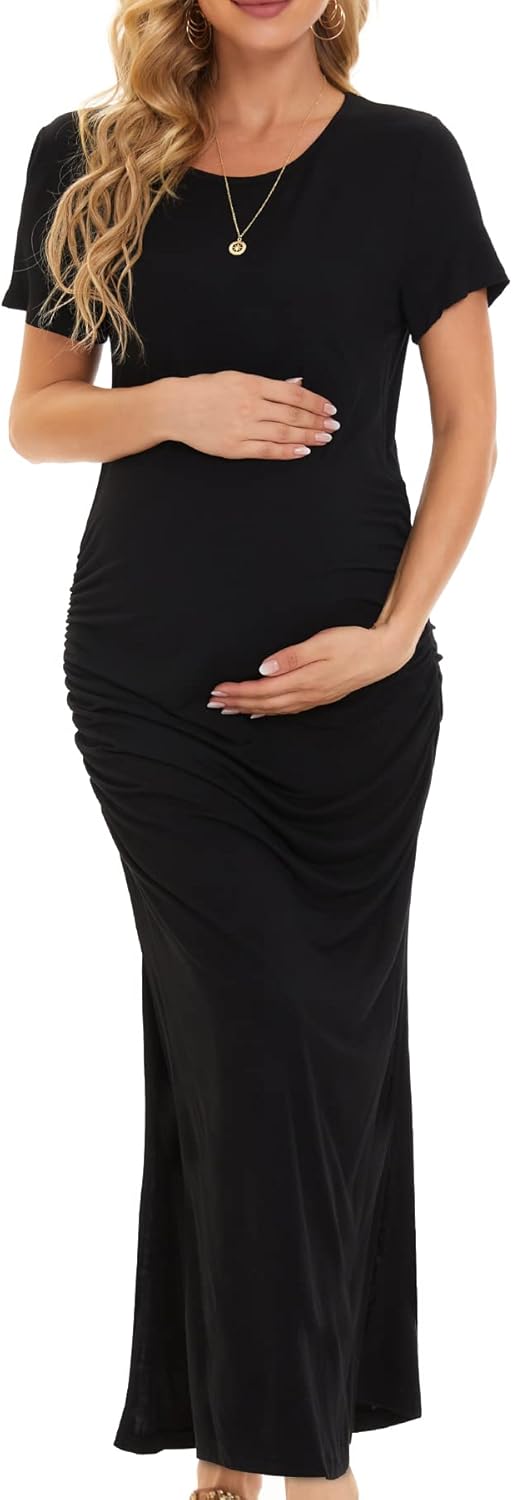 Women'S Long Maternity Dress Short Sleeve Split Ruched Pregnancy Clothes