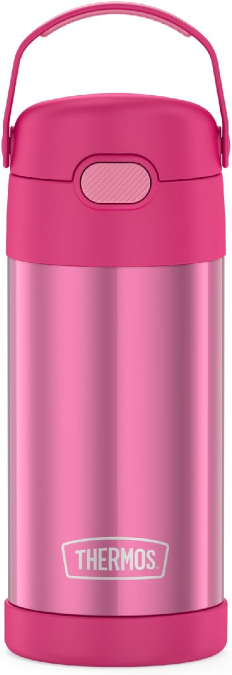 FUNTAINER 12 Ounce Stainless Steel Vacuum Insulated Kids Straw Bottle, Pink