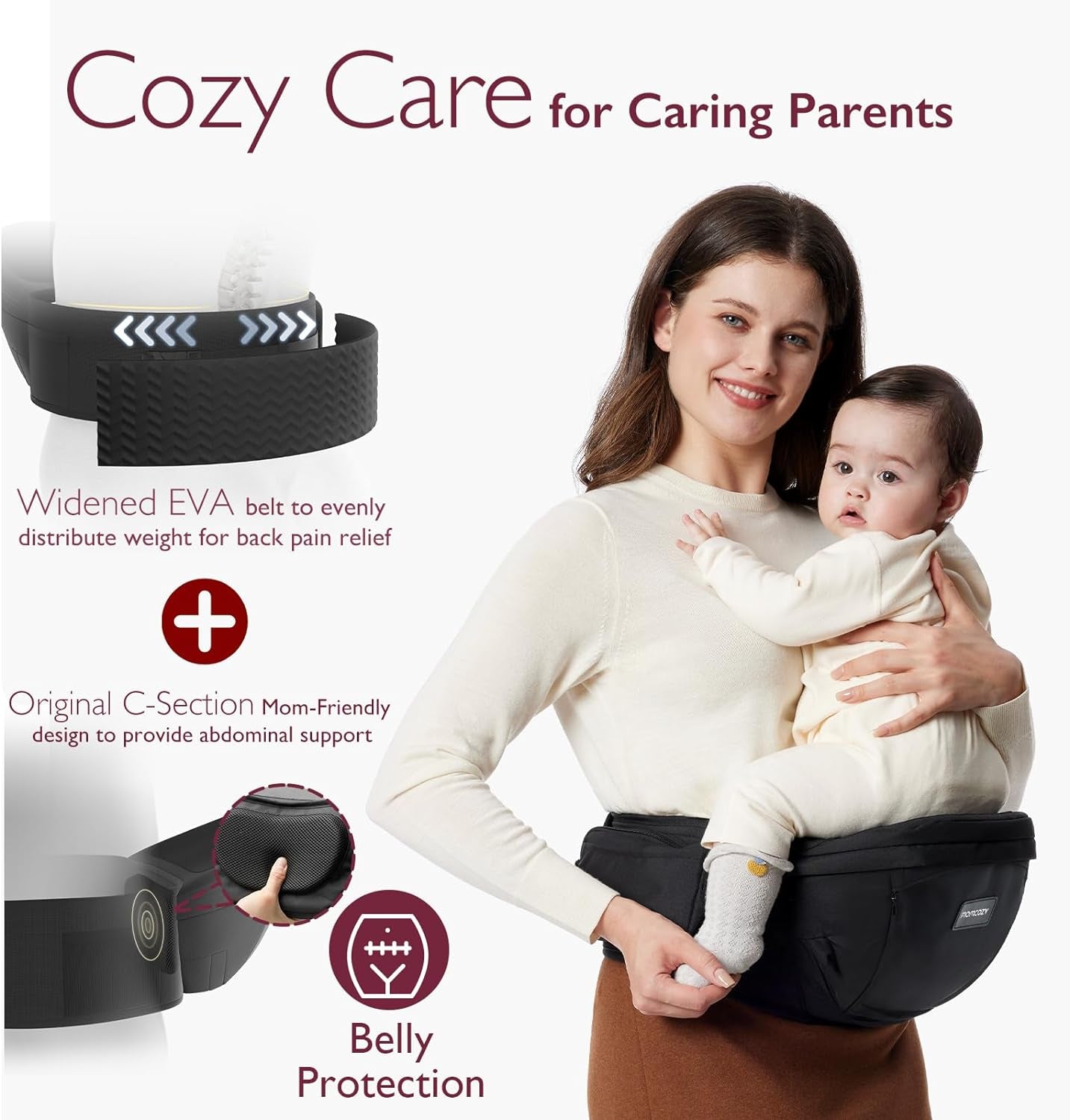Cpc-Certified Baby Hip Carrier - Adjustable Waistband with Original 3D Belly Protector & Ergonomic EVA Massage Board, Various Pockets for Newborns to Toddlers up to 45Lbs (Black, Medium)
