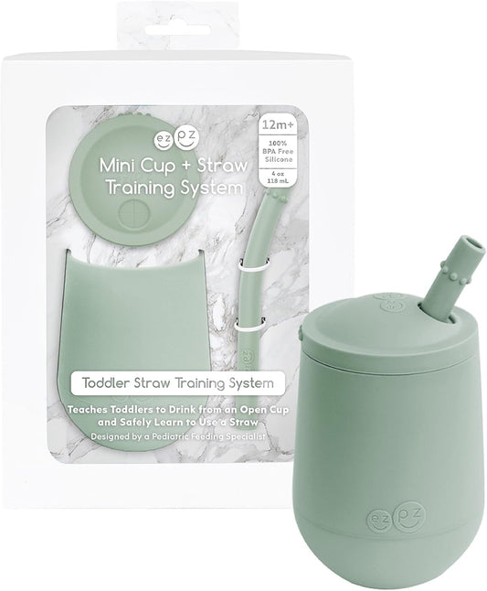 Mini Cup + Straw Training System (Sage) - 100% Silicone Training Cup for Infants + Toddlers - Designed by a Pediatric Feeding Specialist - 12 Months+