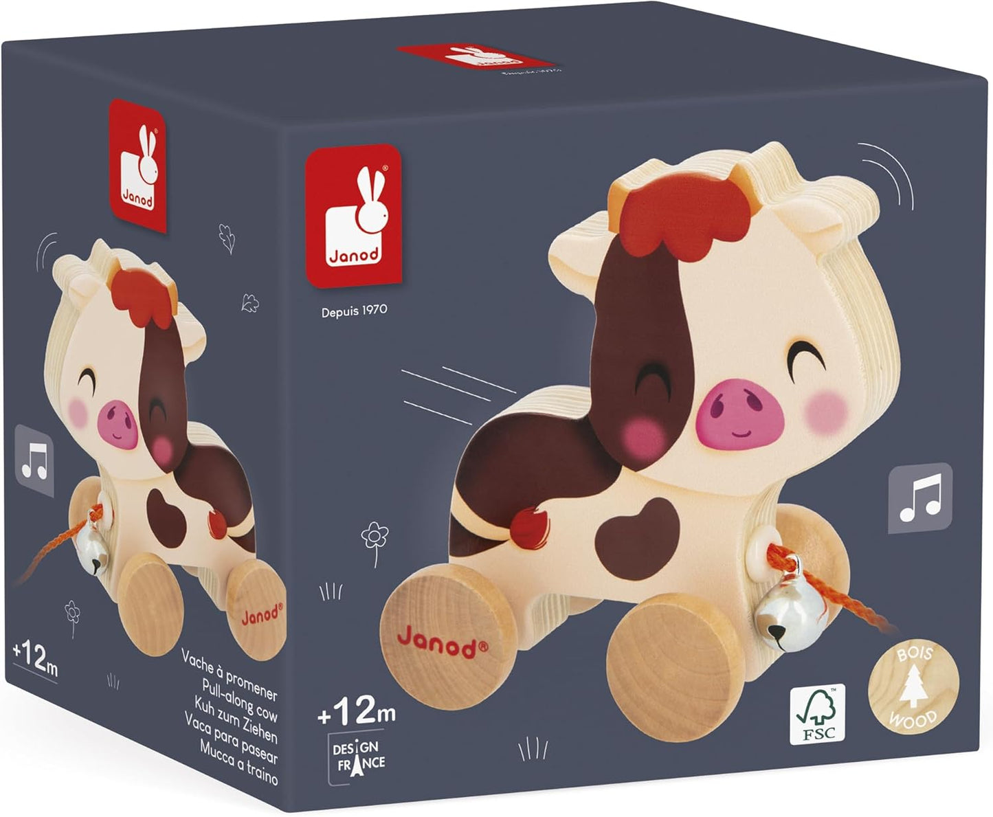 J03324 Wooden Running Cow with Bell Learning Toy for Pulling and Pushing Motor Skills and Imagination Learning Cord 50 Cm Suitable for Small Hands Fsc-Certified from 12 Months
