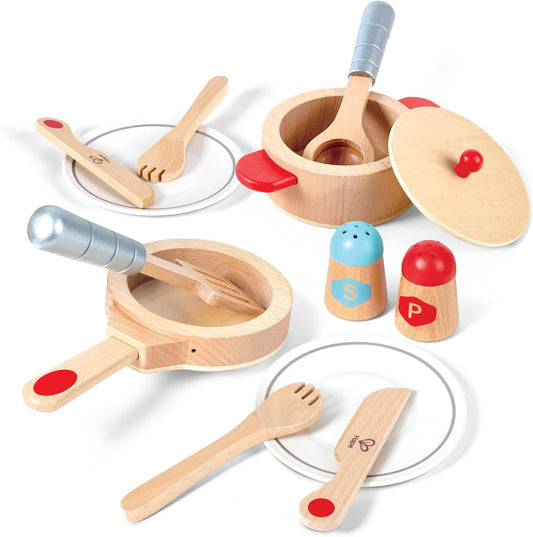 Cook & Serve Set | 13 Piece Wooden Pretend Play Cooking Set with Accessories