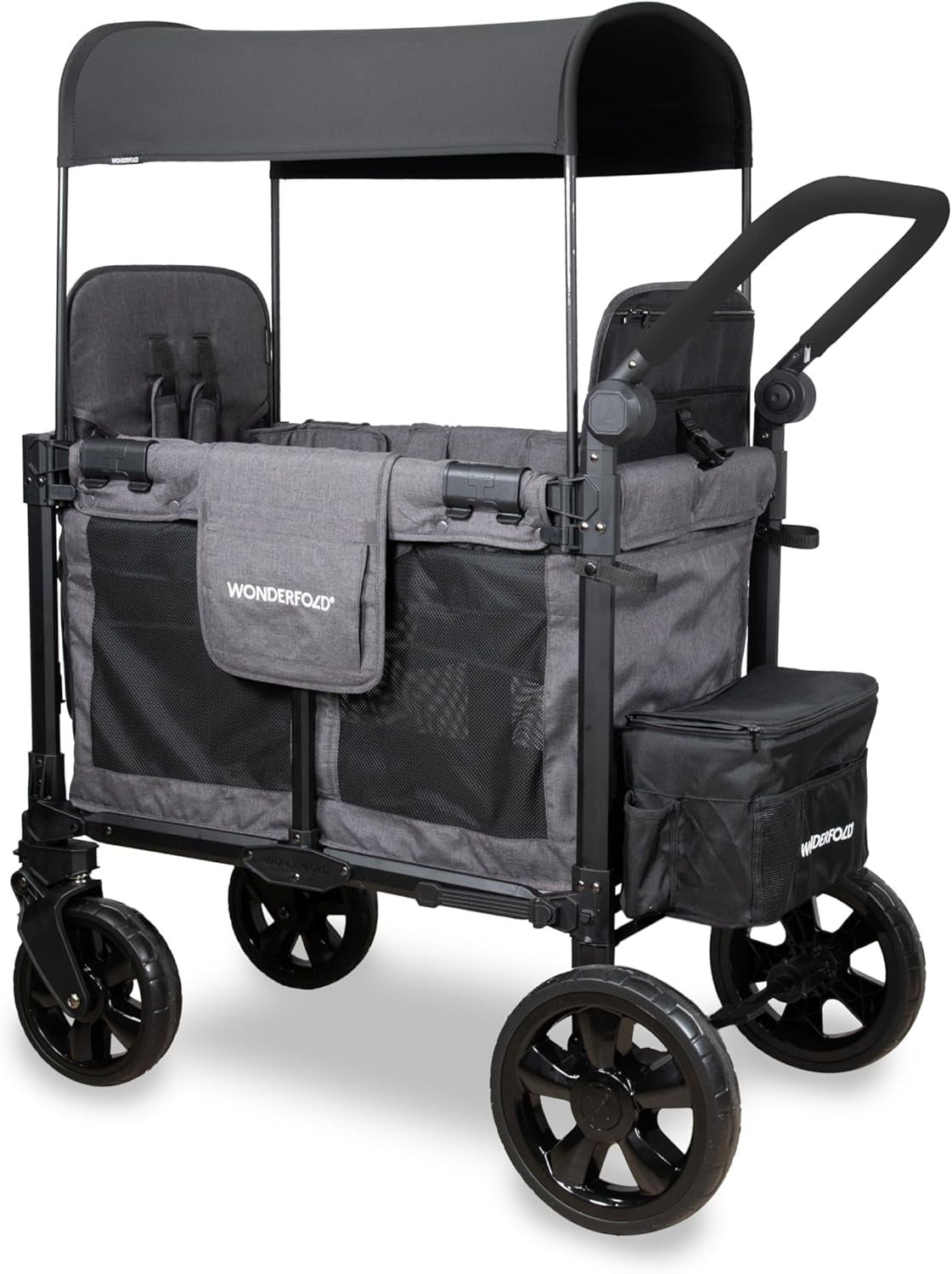 W2 Elite Pro Stroller Wagon (2 Seater) - Collapsible Wagon Stroller with Seats with 5-Point Harnesses, Adjustable Push Handle, and Adjustable Sun Canopy, Charcoal Gray