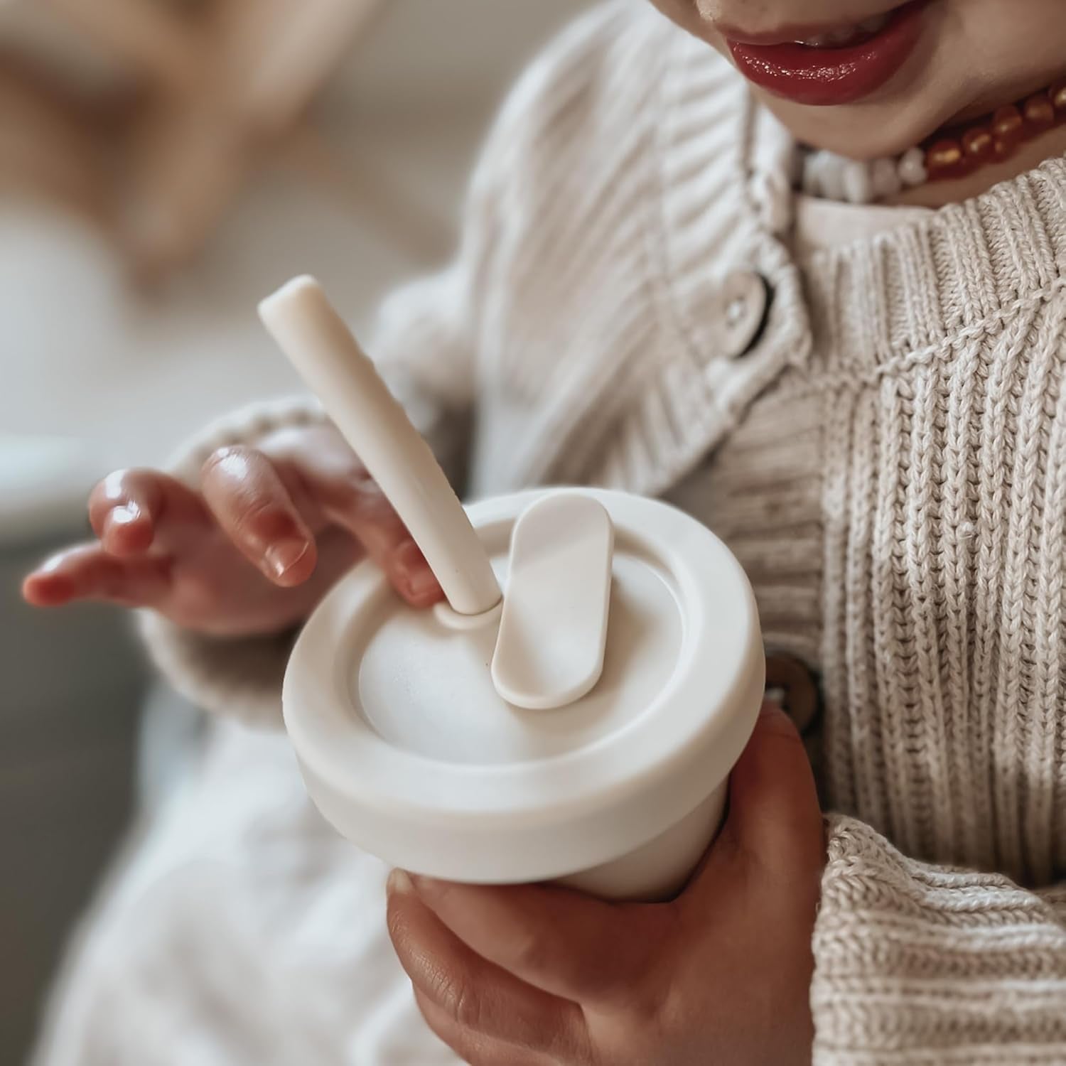 Nouka Straw Cup | 100% Food-Grade Silicone | Spill-Proof | Non-Slip & Soft | Dishwasher Friendly | Almond | Size 6 Oz