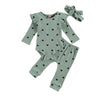 New Born Baby Ribbed Clohtes Suit Girl Boy Heart Print Crew Neck Lace Long Sleeve Top, Long Pants and Hairband 3-Piece Suits