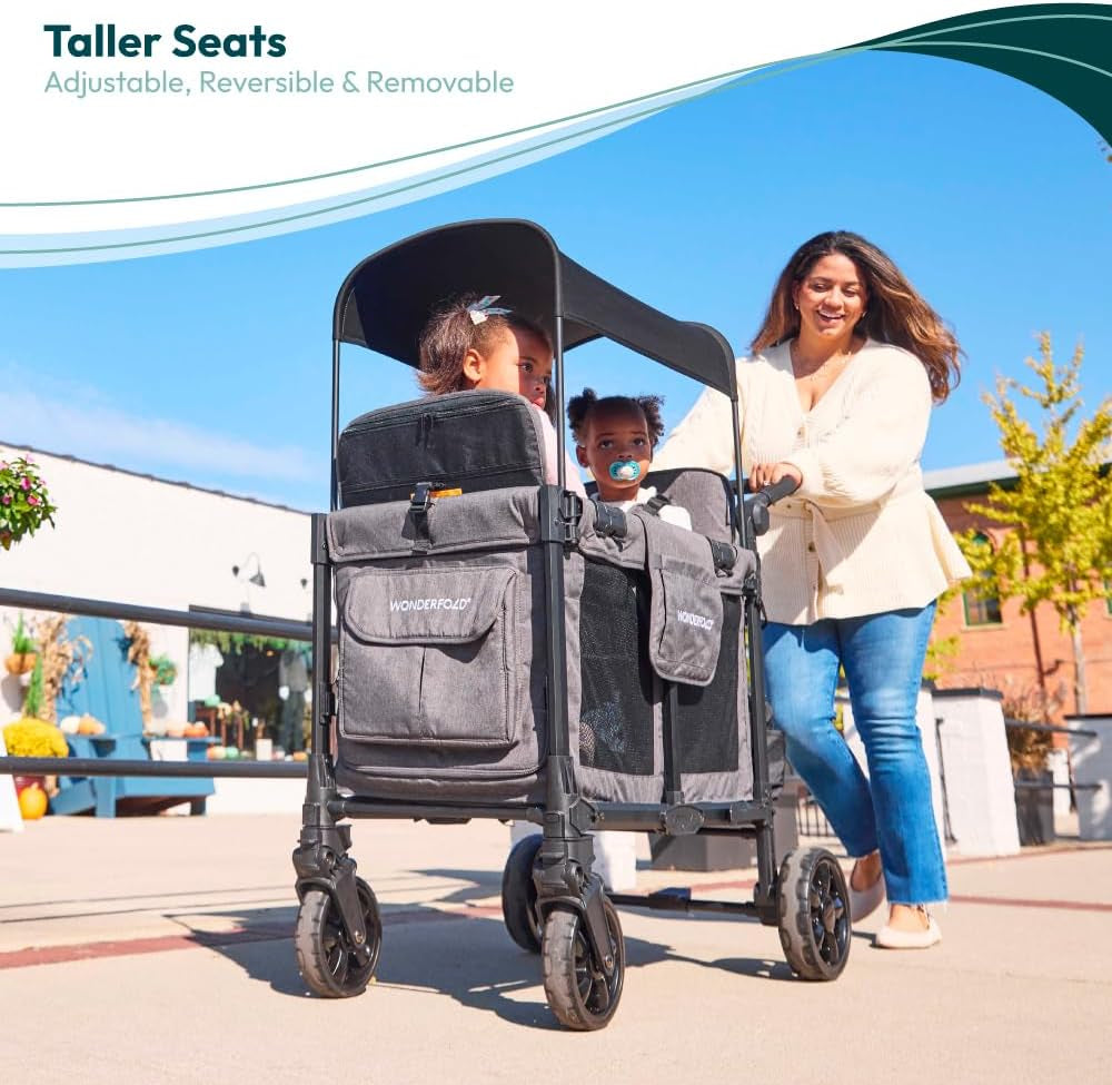 W2 Elite Pro Stroller Wagon (2 Seater) - Collapsible Wagon Stroller with Seats with 5-Point Harnesses, Adjustable Push Handle, and Adjustable Sun Canopy, Charcoal Gray