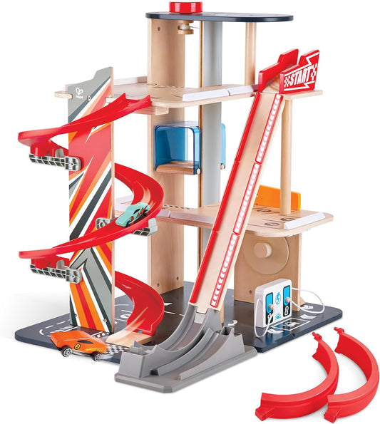 Gearhead Stunt Garage Kids Wooden Toy Car Parking Garage Playset W/ Elevator and 2 Exit Tracks, Detachable Loop, Includes 2 Wooden Toy Racecars