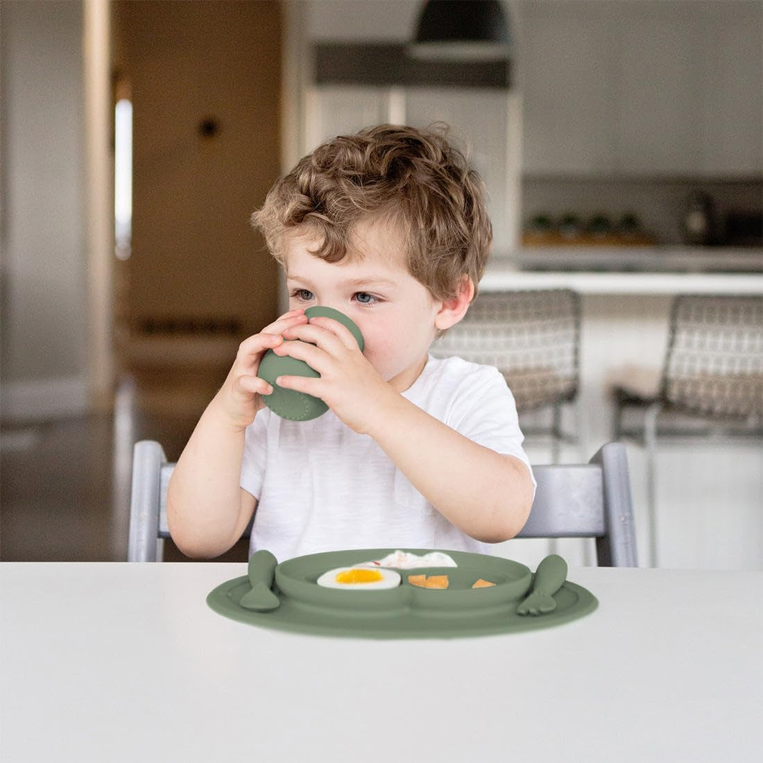 Mini Feeding Set (Olive) - 100% Silicone Fork, Spoon & Mini Mat Suction Plate with Built-In Placemat for Infants + Toddlers - First Foods + Self-Feeding - 12 Months+