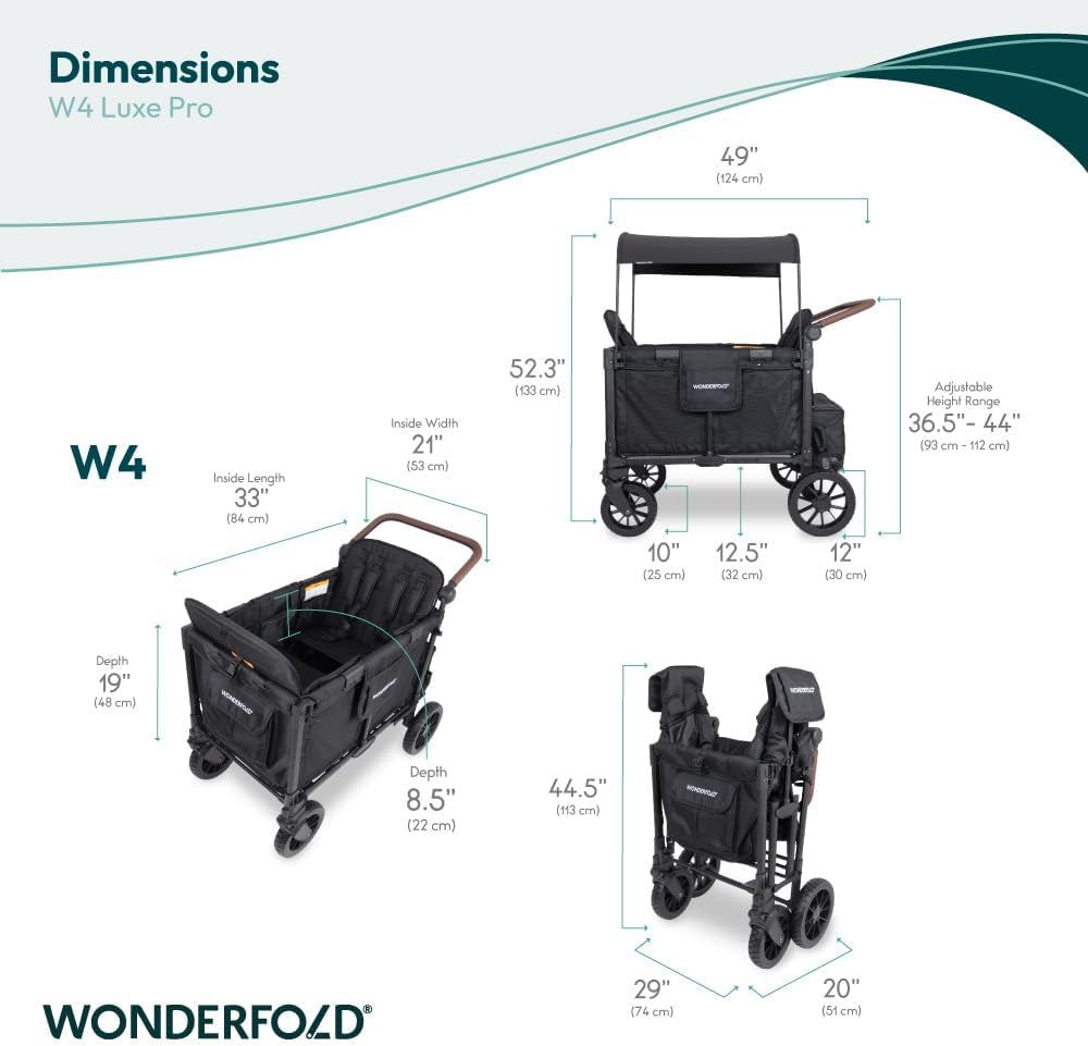 W4 Luxe Pro Stroller Wagon (4 Seater) - Collapsible Wagon Stroller with Seats Featuring 5-Point Safety Harnesses and Adjustable Sun Canopy, Jet Black