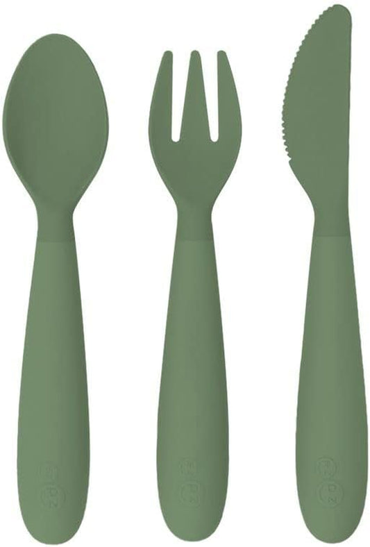 Happy Utensils (Olive) - 100% BPA Free Fork, Spoon & Knife for Toddlers + Preschoolers + Self-Feeding - Designed by a Pediatric Feeding Specialist - 24 Months+