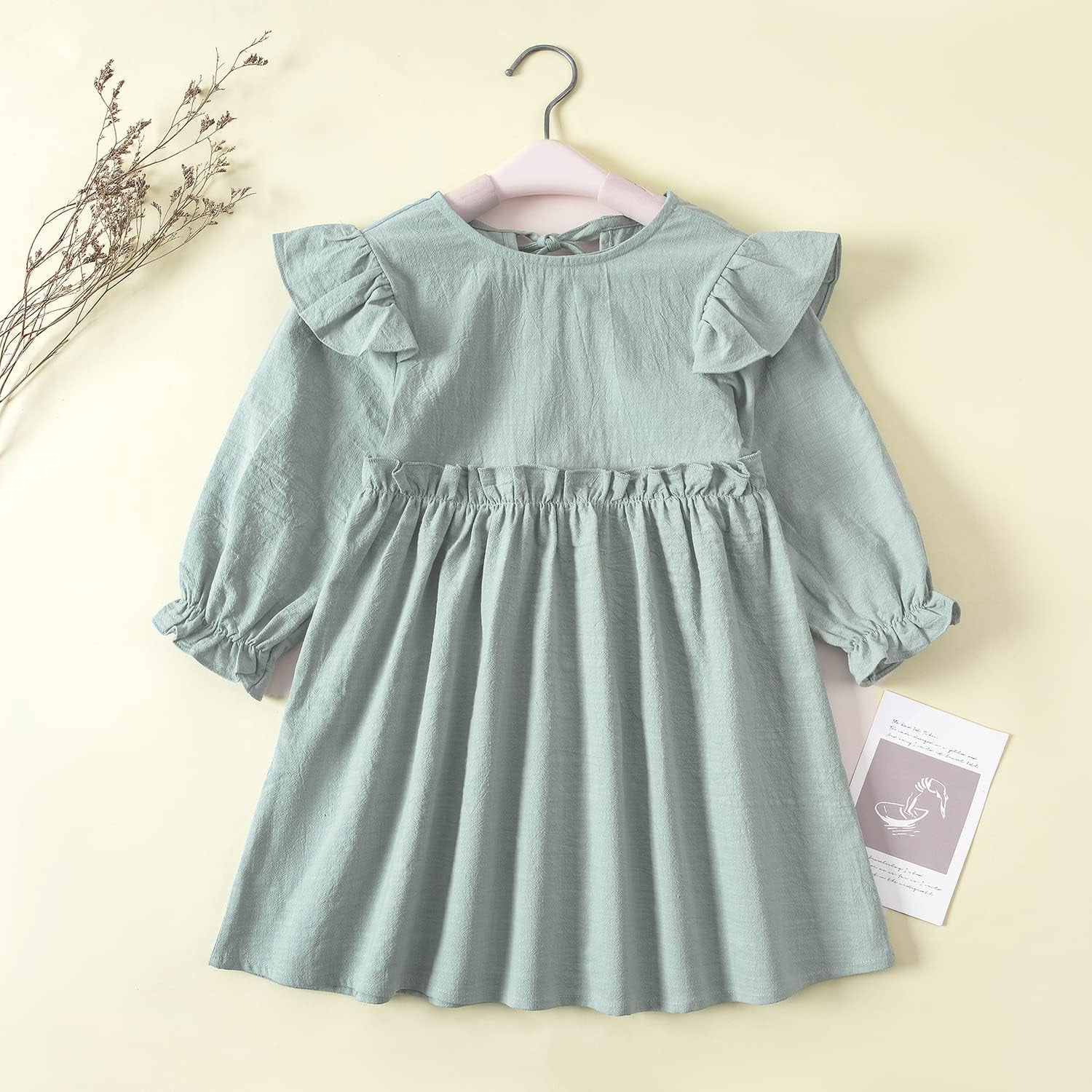 Toddler Girl Cotton Linen Dress Long Sleeve Ruffle Fall Dress Kids Solid Dresses Casual Clothes