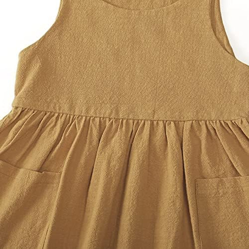 Toddler Girl Cotton Linen Solid Dress Sling Summer Casual Beach Girls Sundress with Pockets Overall Dress